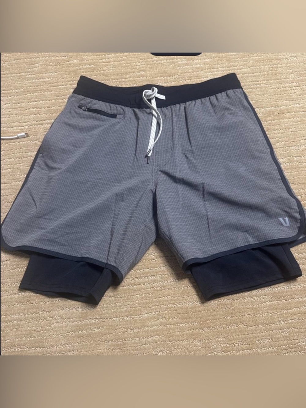 Vuori Men's Two-Layer Gray Athletic Stockton Shorts with Drawstring